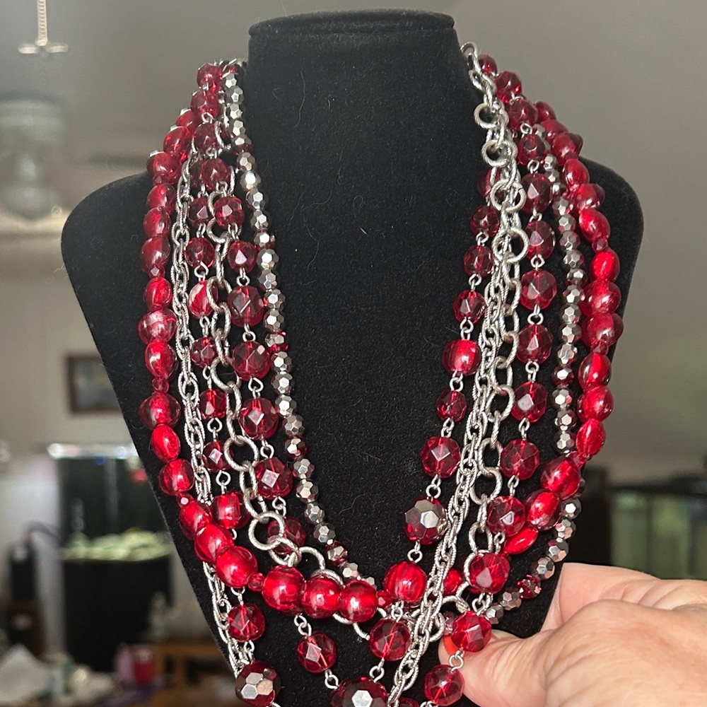 White House Black Market Crimson and Silver Layered Necklace